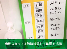 出勤スタッフは随時検温して体温を掲示